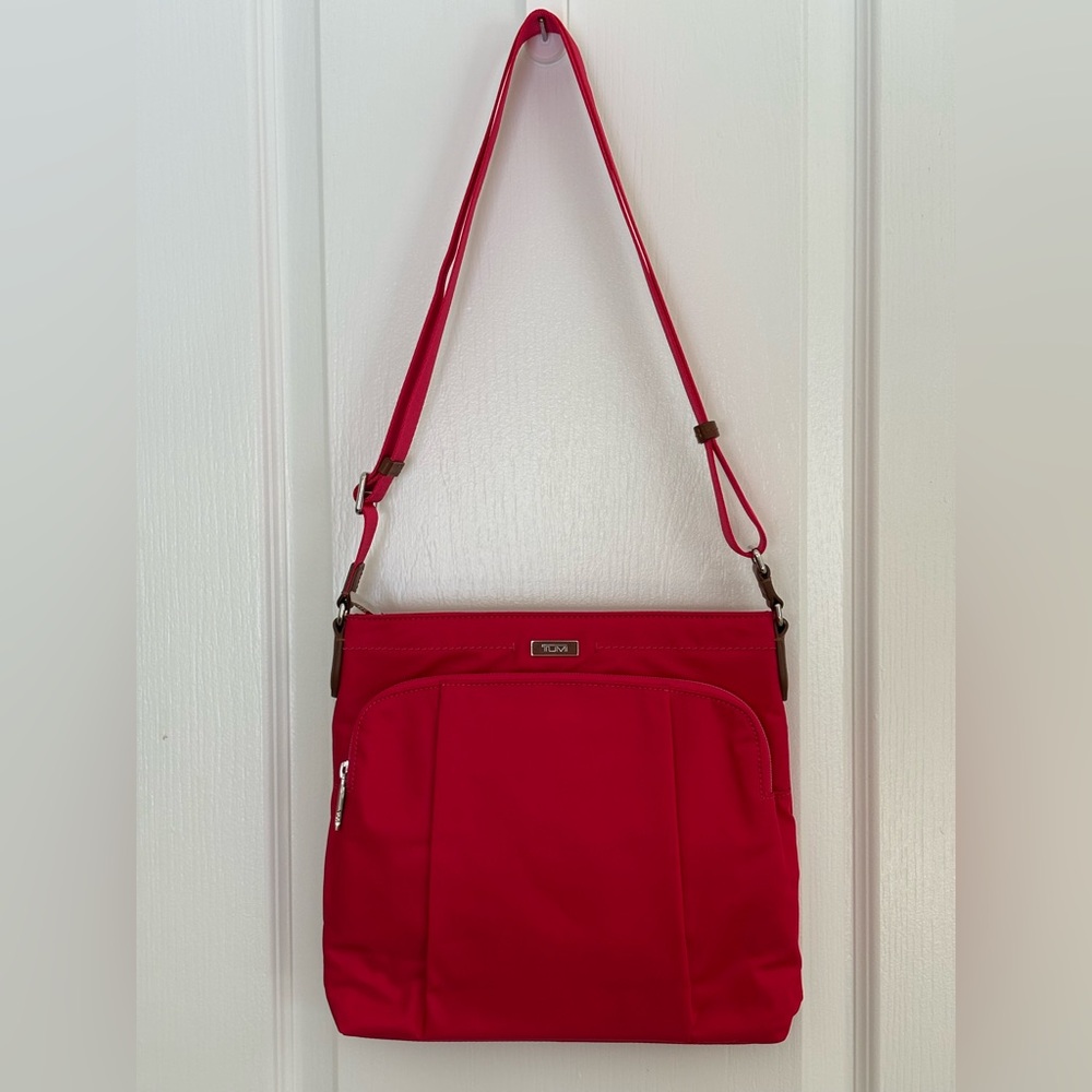 Tumi Red Nylon Crossbody w/Silver and Leather Hardware. Pristine Condition. NWOT